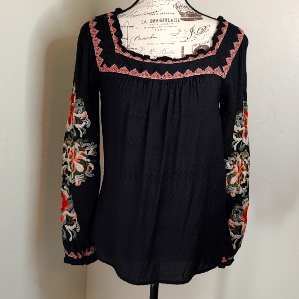 Sundance Ultra Bohemian Embroidery Flowers Black Multi Colored Blouse SZ: 6